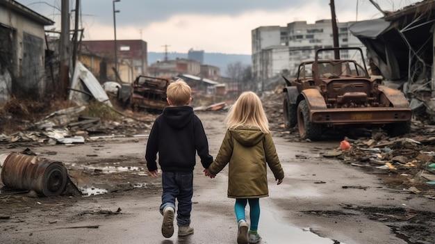 3yearold blonde little girl and 7yearold dirty blonde boy holding hands and walking through the Turkey earthquake