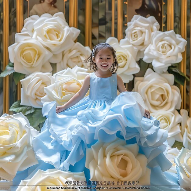 3yearold girl wearing a blue dress standing on a giant white rose with a giant white roses instal