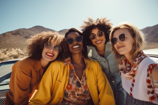 Photo 4 diverse young women enjoying a road trip sunglasses laughing portrait