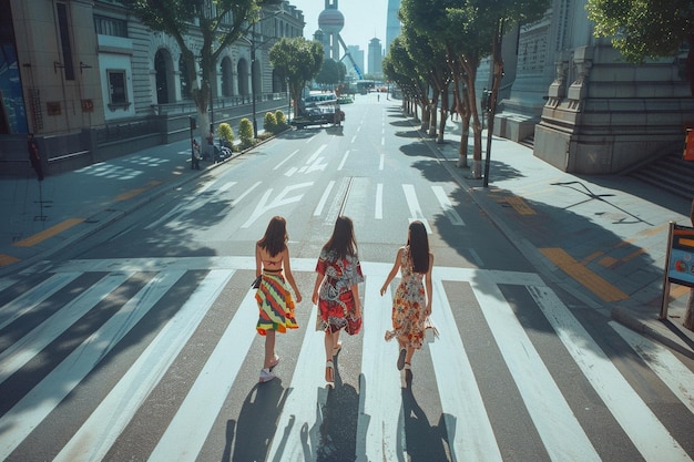 4 fashion Chinese women walking through a zebra crossing