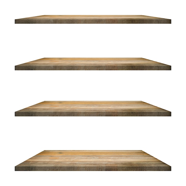 4 old wood shelves table isolated on white background and display montage for product