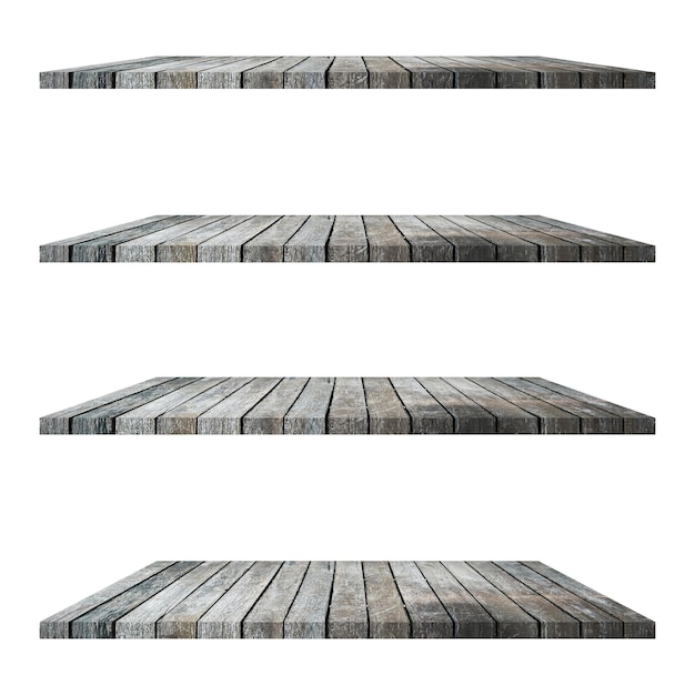 4 old wood shelves table isolated on white background and display montage for product