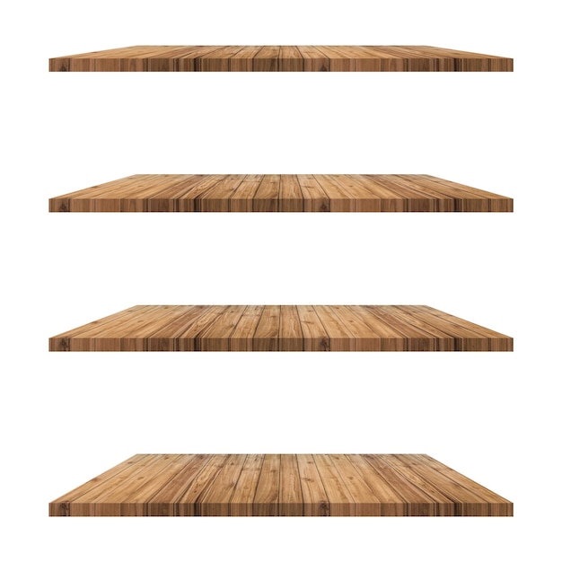 4 old wood shelves table isolated on white background and display montage for product