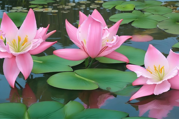 4 Pink Lilies on Pond generative ai