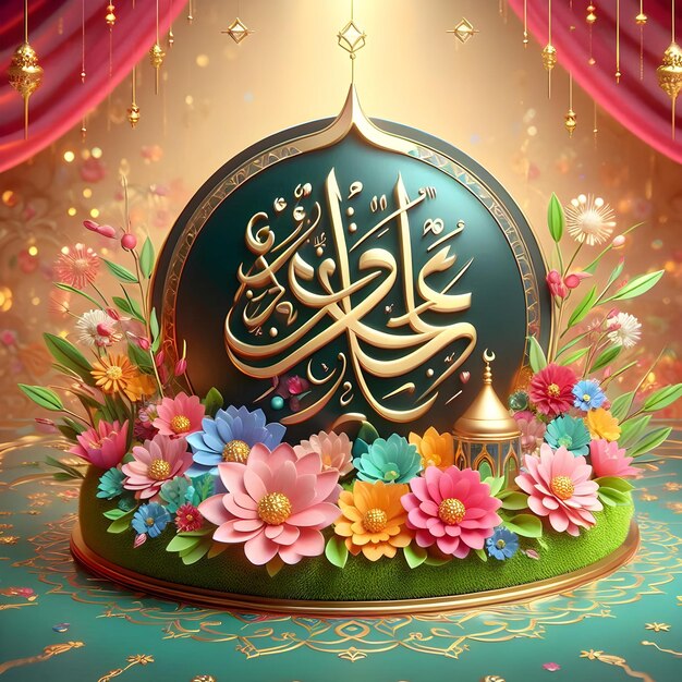 Photo 4 send 3d eid milad mubarak with flowers calligraphy and vibrant design