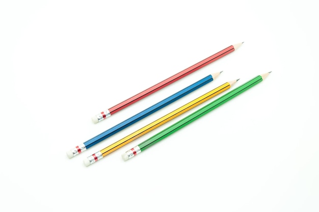 4 Sharp Color Pencils close up on white background for education background