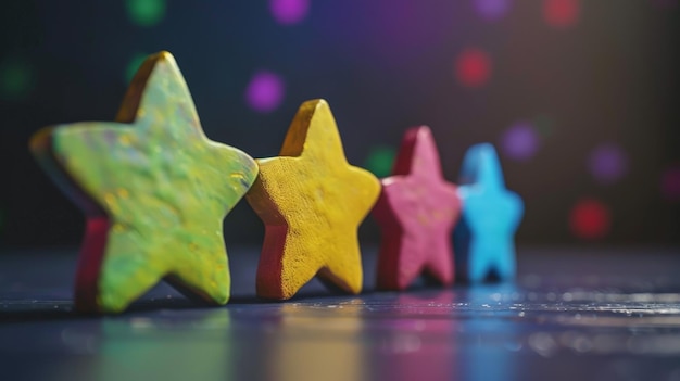 4 wooden colored stars arranged neatly on table surface