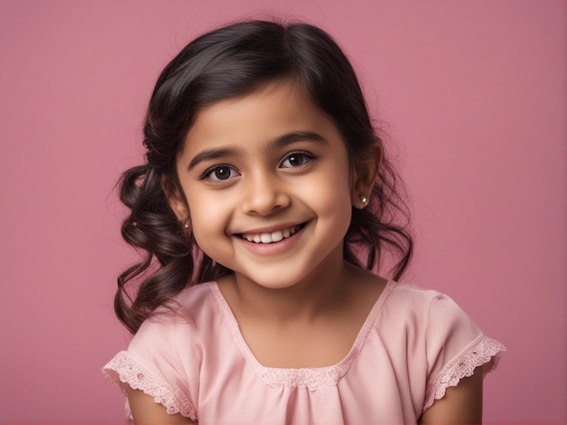 4 year old small girl in light pink attire against a pastel background