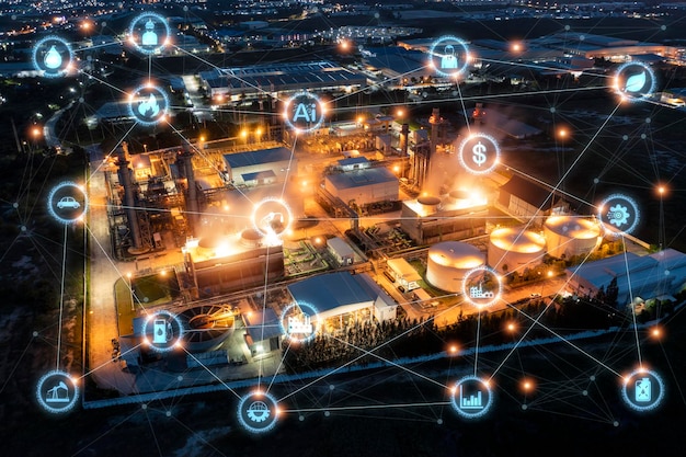 40 advanced industrial concept The industry has cyber icons and internet applications Industrial equipment in factories with icons networking Internet of things and smart factory solutions