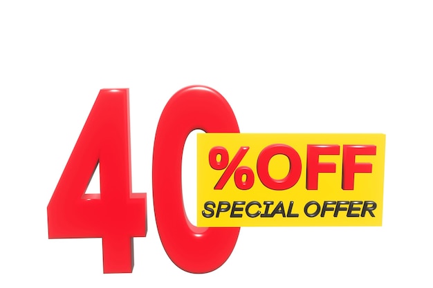 40 percent off 3D illustration in red with white background with special offer sign and copy space