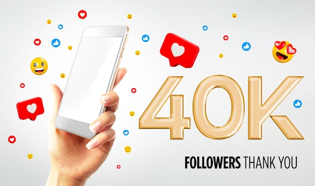 40k followers celebration Hand holding mobile smartphone with blank screen 3D Rendering