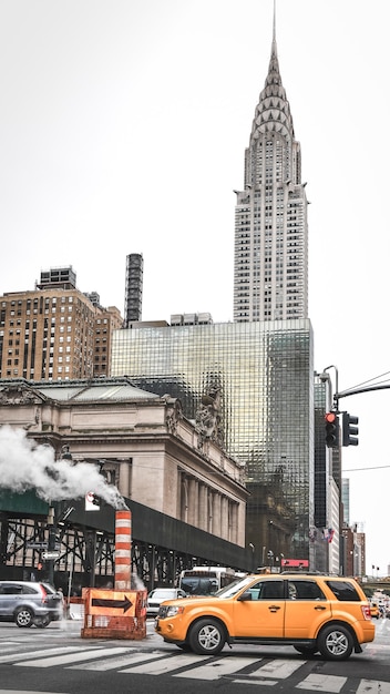 42nd Street Panorama. Grand Central Terminal Station Facade, buildings and taxi. NYC, USA