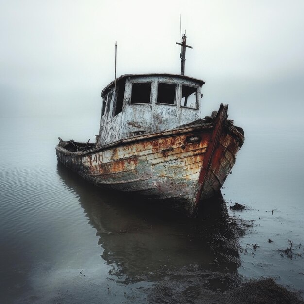 Photo 44 an abandoned fishing boat slowly sinking into the sea neglect forgotten dreams