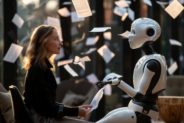 a 45 years old female lawyer sitting and talking to a humanoid robot Patent papers flying around Photo realisitc