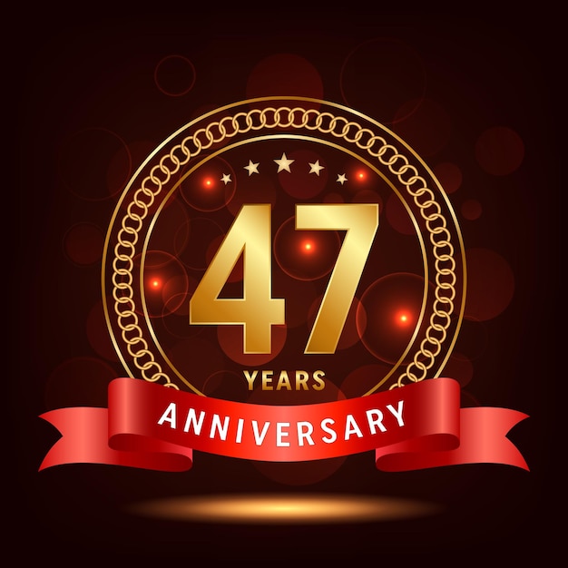 47th Anniversary Golden number with sparkling confetti and red ribbon Vector Template