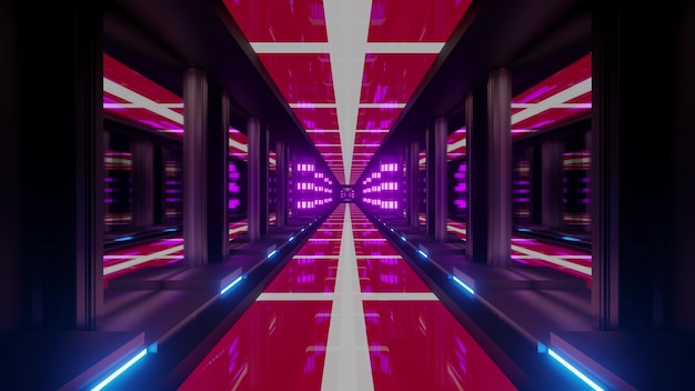 4K UHD 3D illustration of abstract corridor with symmetric flags of Denmark ornament and vivid neon lights