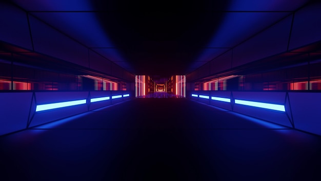 4K UHD 3D illustration of dim corridor illuminated with red and blue neon lamps