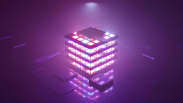 4K UHD 3D illustration of futuristic cube illuminating dark room with purple neon light