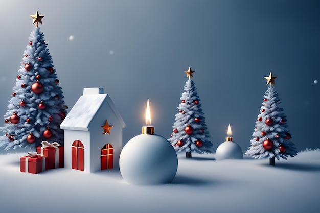 4k winter wallpaper Christmas background with red and white balls Christmas card with white house