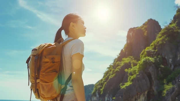 4K Young beautiful Asian woman with backpack solo travel on tropical island mountain Generative AI