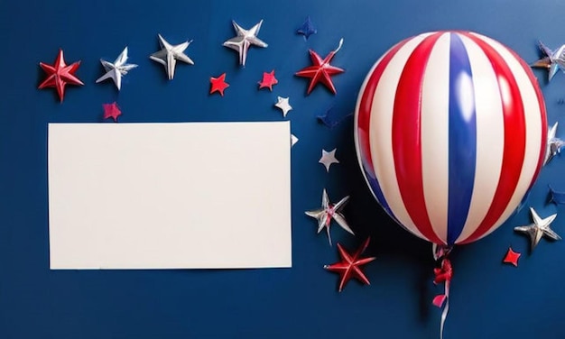 Photo 4th july greeting card with american flag and balloons flat lay copy space