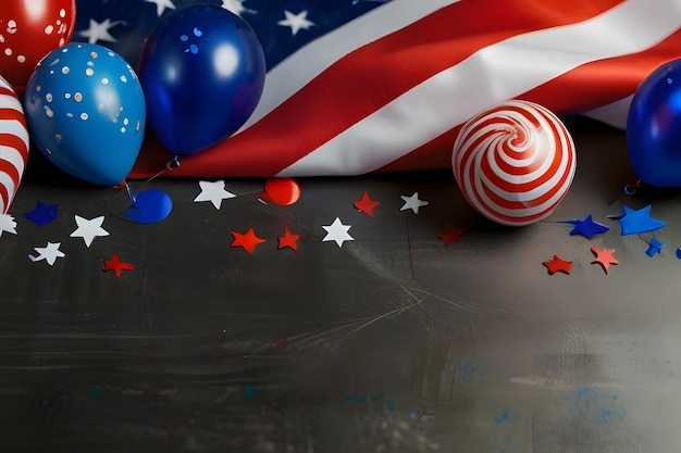 4th of July USA Independence Day celebration background with balloons flag and confetti Festive border flat lay