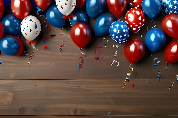 4th of July USA Independence Day celebration background with balloons flag and confetti Festive border flat lay