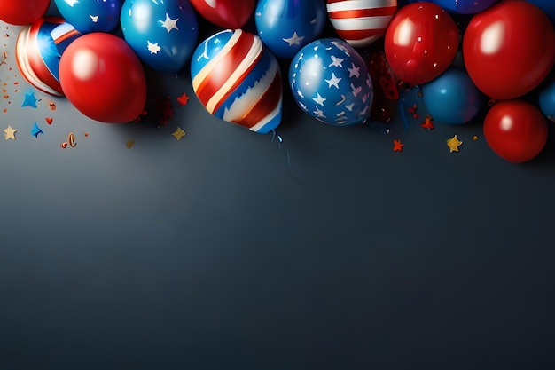 4th of July USA Independence Day celebration background with balloons flag and confetti Festive border flat lay