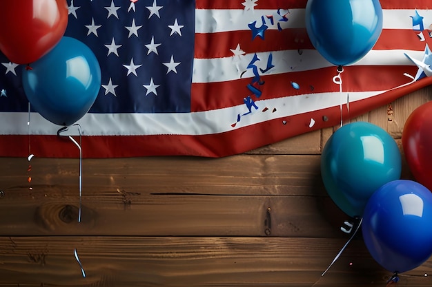 4th of July USA Independence Day celebration background with balloons flag and confetti Festive border flat lay