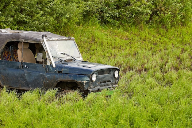 4x4 offroad car stuck in a swamp