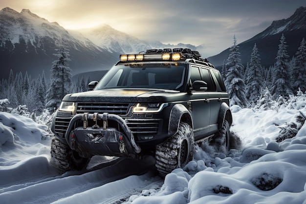 4x4 SUV on the background of a landscape with mountains with snow in winter Traveling offroad by car