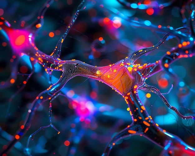 Photo 5 highdefinition view of neural signal pathways in the brain intricate synaptic connections and vibrant colors ultraclear resolution