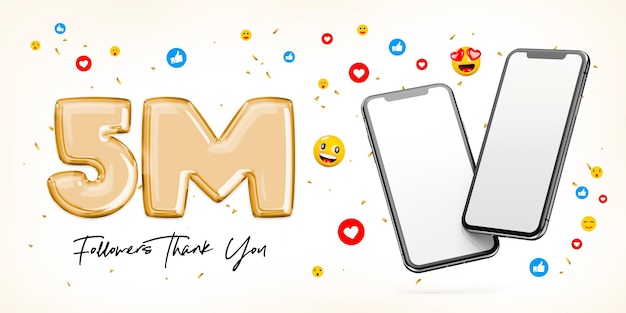 5 Million followers celebration With two blank white screen smartphones 3D rendering