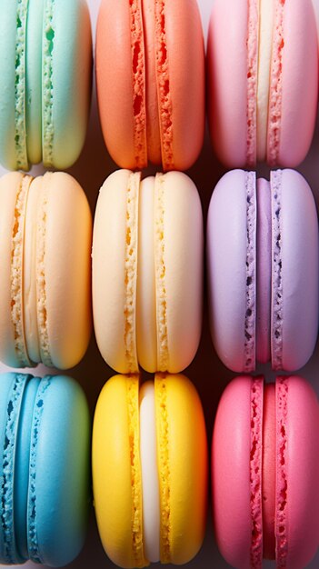 A 5 rainbow pastel colored maccaroons in row pastel background