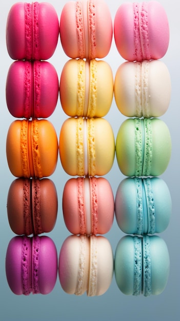 A 5 rainbow pastel colored maccaroons in row pastel background