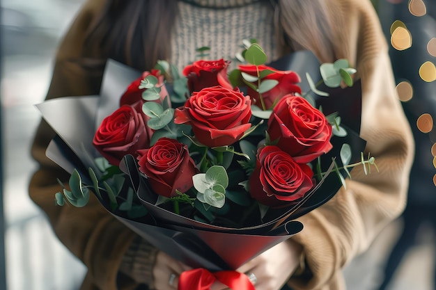 5 red rose bouquet with greenery in black wrap paper with red ribbon in womans hands ar 32 stylize 250 Job ID 13b457c43e344a7a8d5e8f9b4ff82eb9