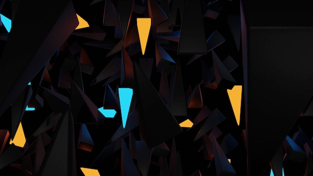 5-sided conical object, black background against orange and blue glow objects 3d rendering