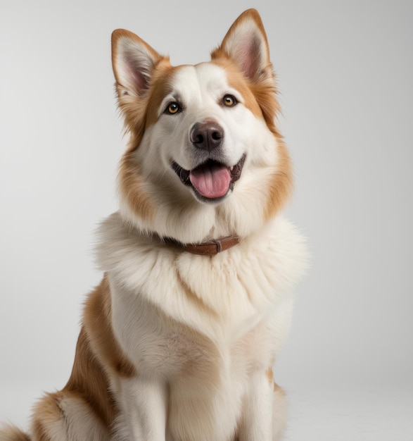 5 year old swiss shepherd dog sitting and panting in front on white background