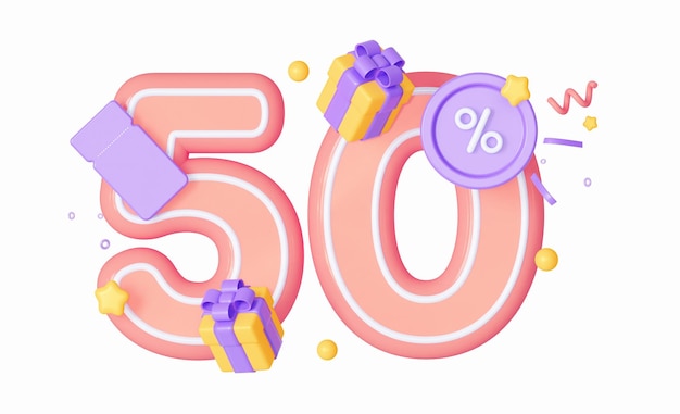 50 discount with confetti gifts Sale for festive events 3d rendering illustration