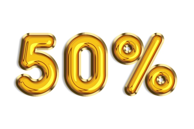 50 off discount promotion sale made of realistic 3d gold helium balloons Illustration of golden percent symbols for selling poster banner ads Numbers isolated on white background Top view