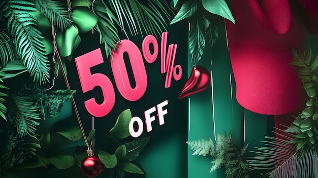 Photo 50 off sale banner with tropical leaves