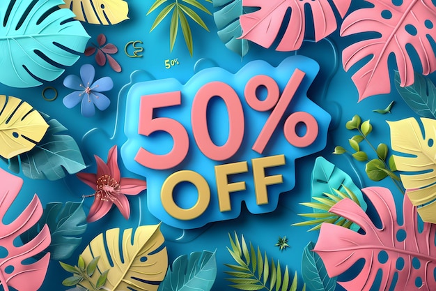 50 percent off sale banner with tropical leaves on blue background