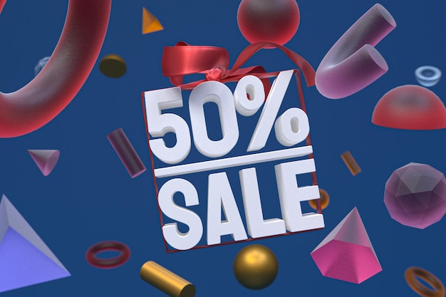 50% sale with bow and ribbon 3d design on abstract geometry background