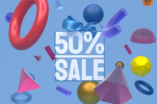 50% sale with bow and ribbon 3d design on abstract geometry