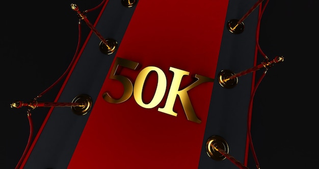 Photo 50k, 50000 followers, 3d render of golden 50k on red carpet with rope barriers