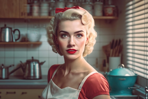 50s style housewife at the kitchen Retro life style