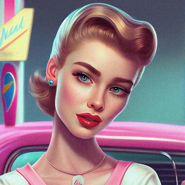 50s Vibes Vintage and Retro Girl illustartion whit granular texture