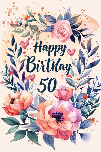 Photo a 50th happy birthday wish with cake greeting card and lettering design