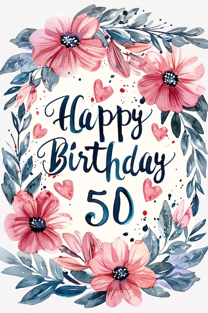 Photo a 50th happy birthday wish with cake greeting card and lettering design