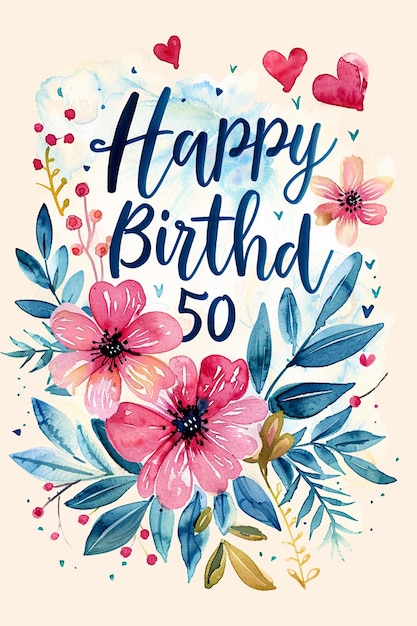 Photo a 50th happy birthday wish with cake greeting card and lettering design